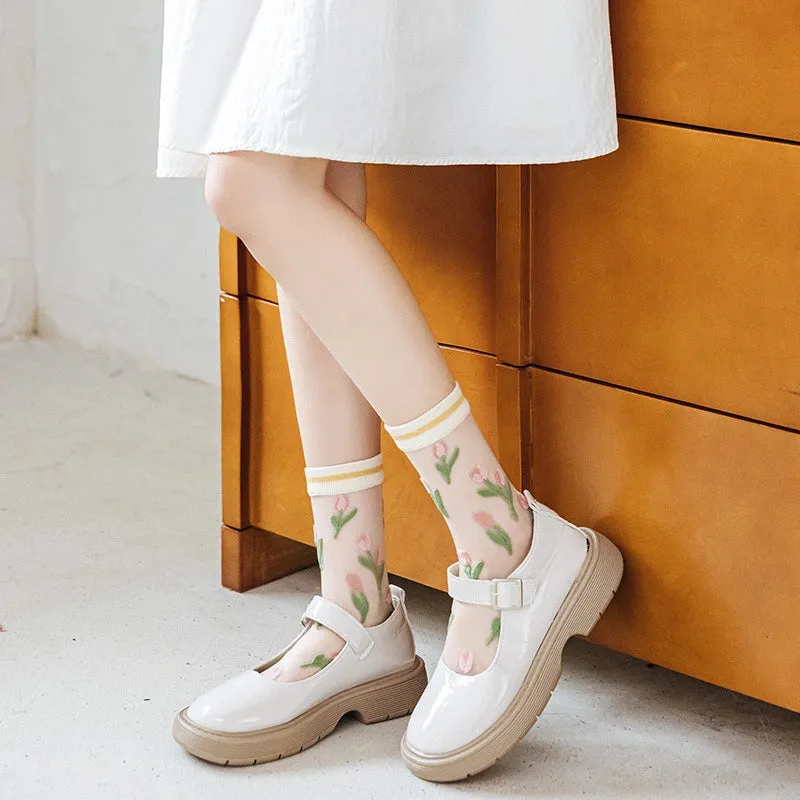 3 Pairs Tulip Pattern Women's Crystal Socks