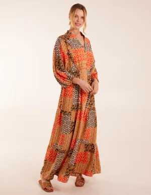 Abstract Patchwork Pattern Maxi Shirt Dress