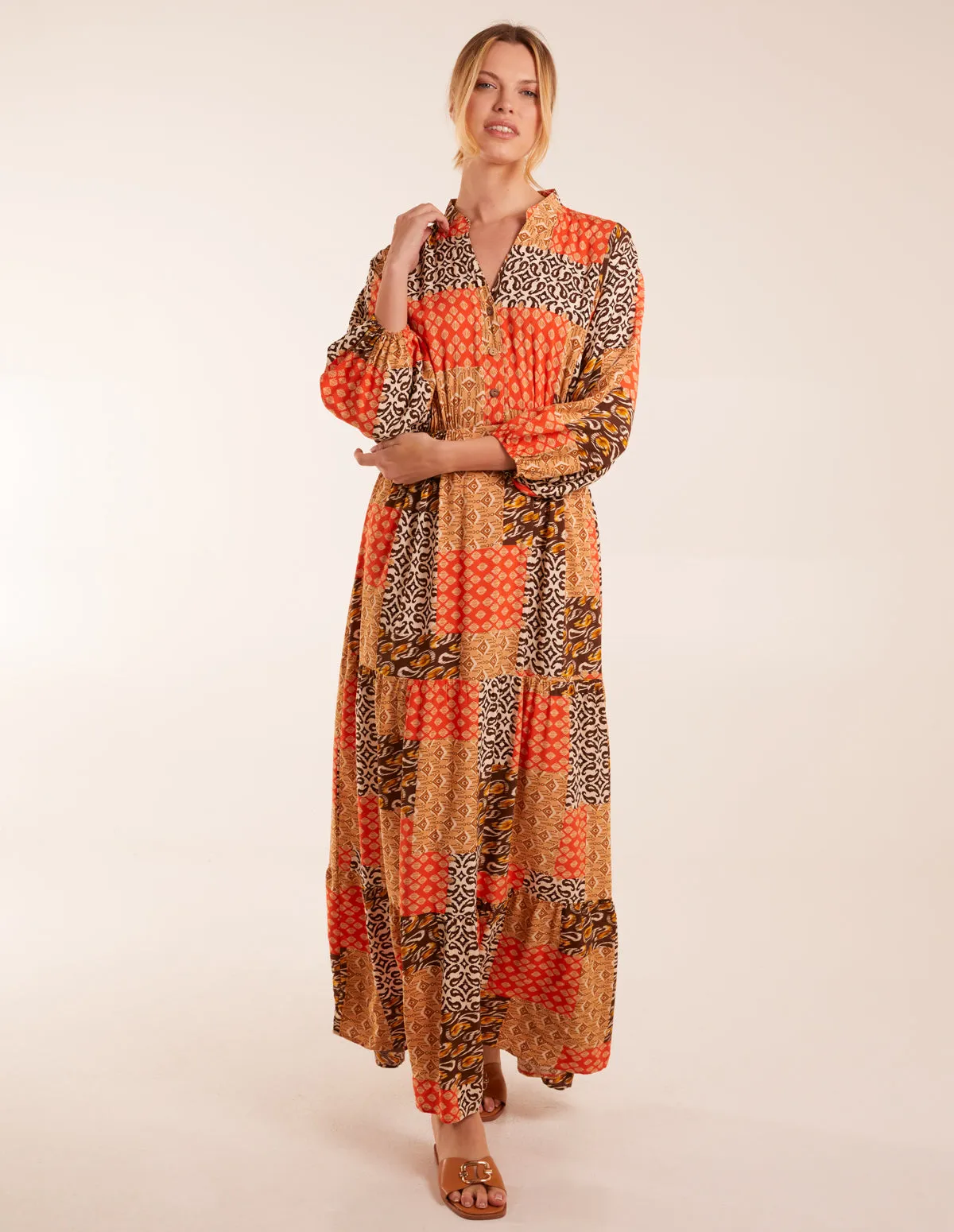 Abstract Patchwork Pattern Maxi Shirt Dress