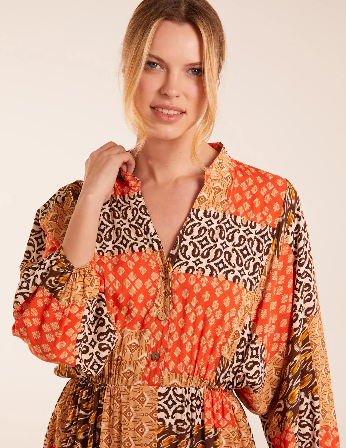 Abstract Patchwork Pattern Maxi Shirt Dress