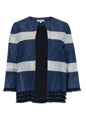 Ann Mashburn - Navy & White Striped Open Front Jacket w/ Fringed Trim Sz S