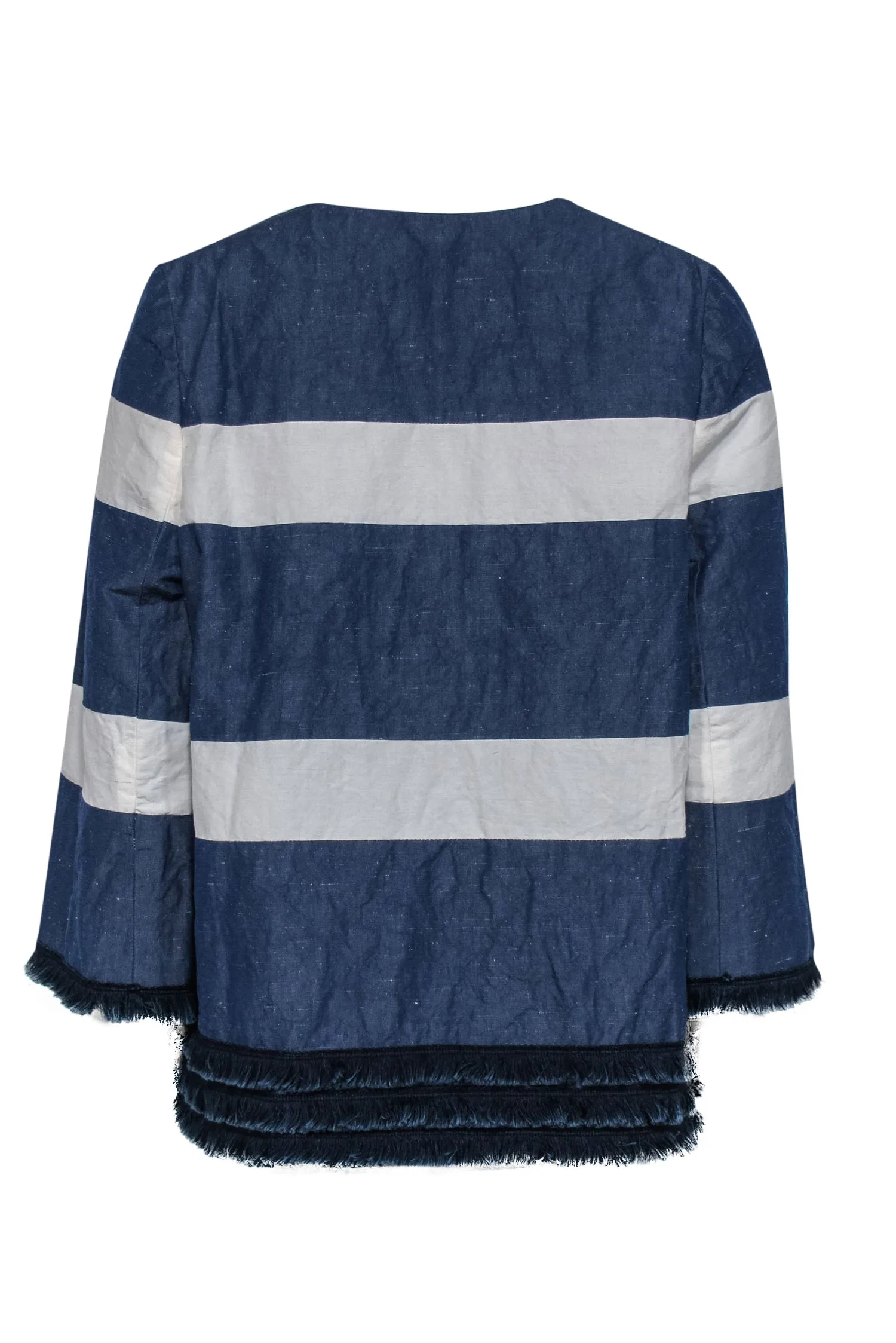 Ann Mashburn - Navy & White Striped Open Front Jacket w/ Fringed Trim Sz S