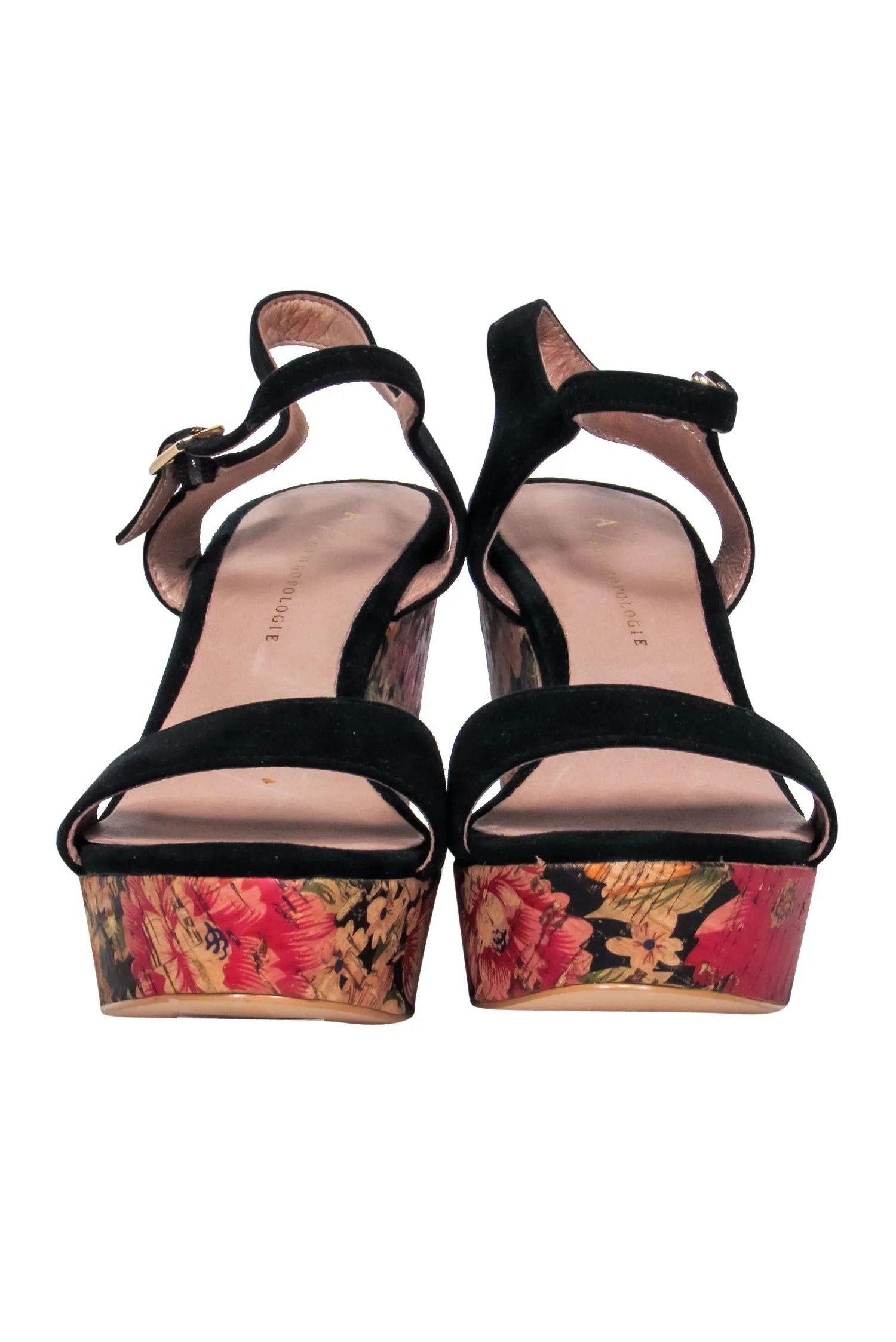 Anthropologie - Black Suede Floral Print Platform Wedges Sz 6