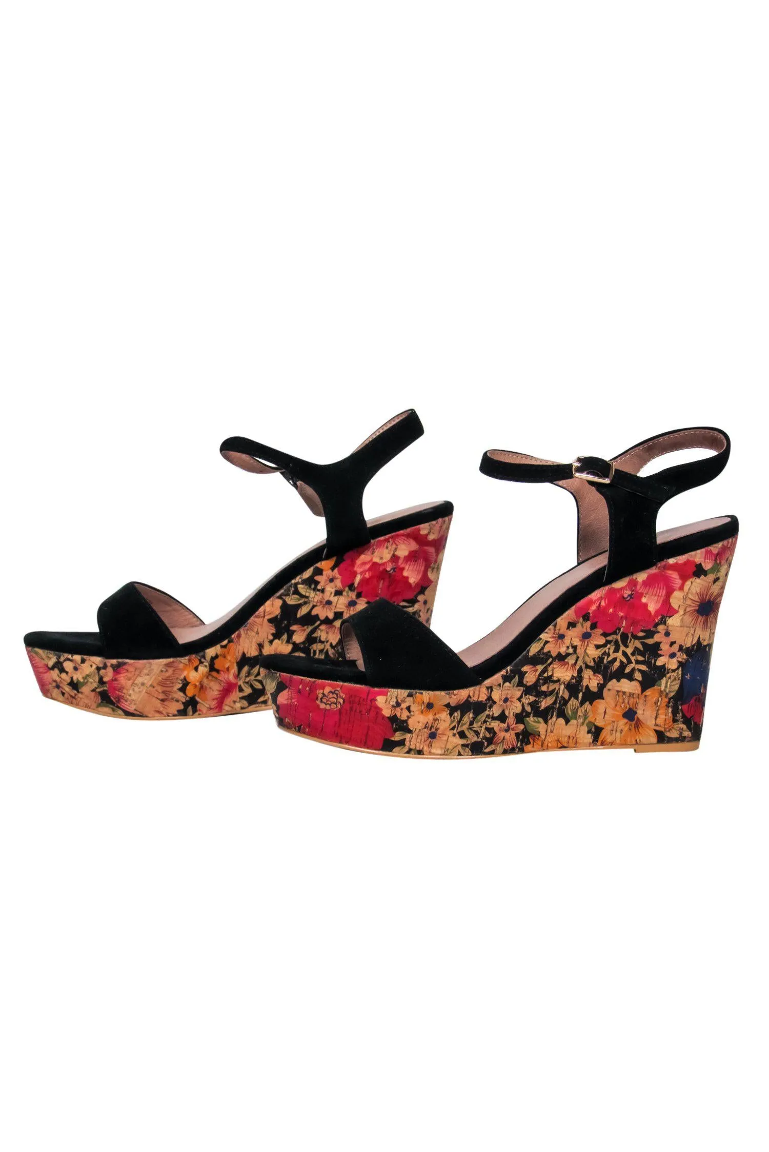 Anthropologie - Black Suede Floral Print Platform Wedges Sz 6