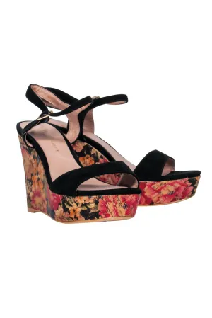 Anthropologie - Black Suede Floral Print Platform Wedges Sz 6
