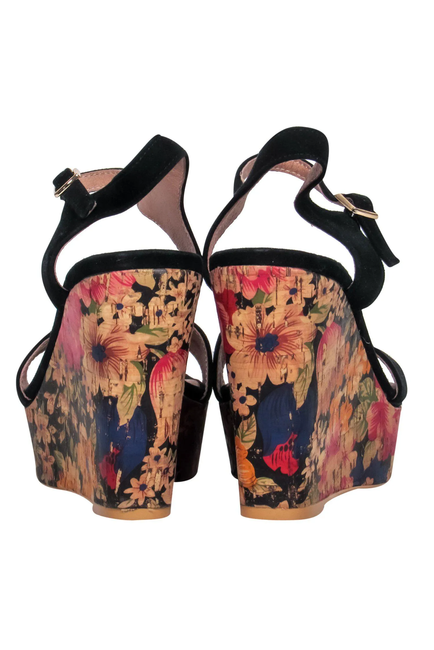 Anthropologie - Black Suede Floral Print Platform Wedges Sz 6