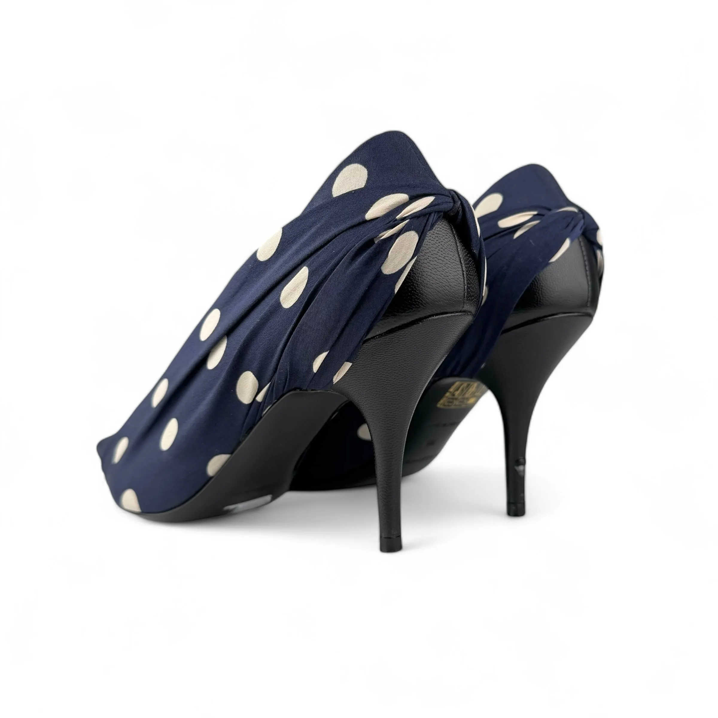 Balenciaga Ruched Blue Polka-Dot Satin Knife Pumps 80