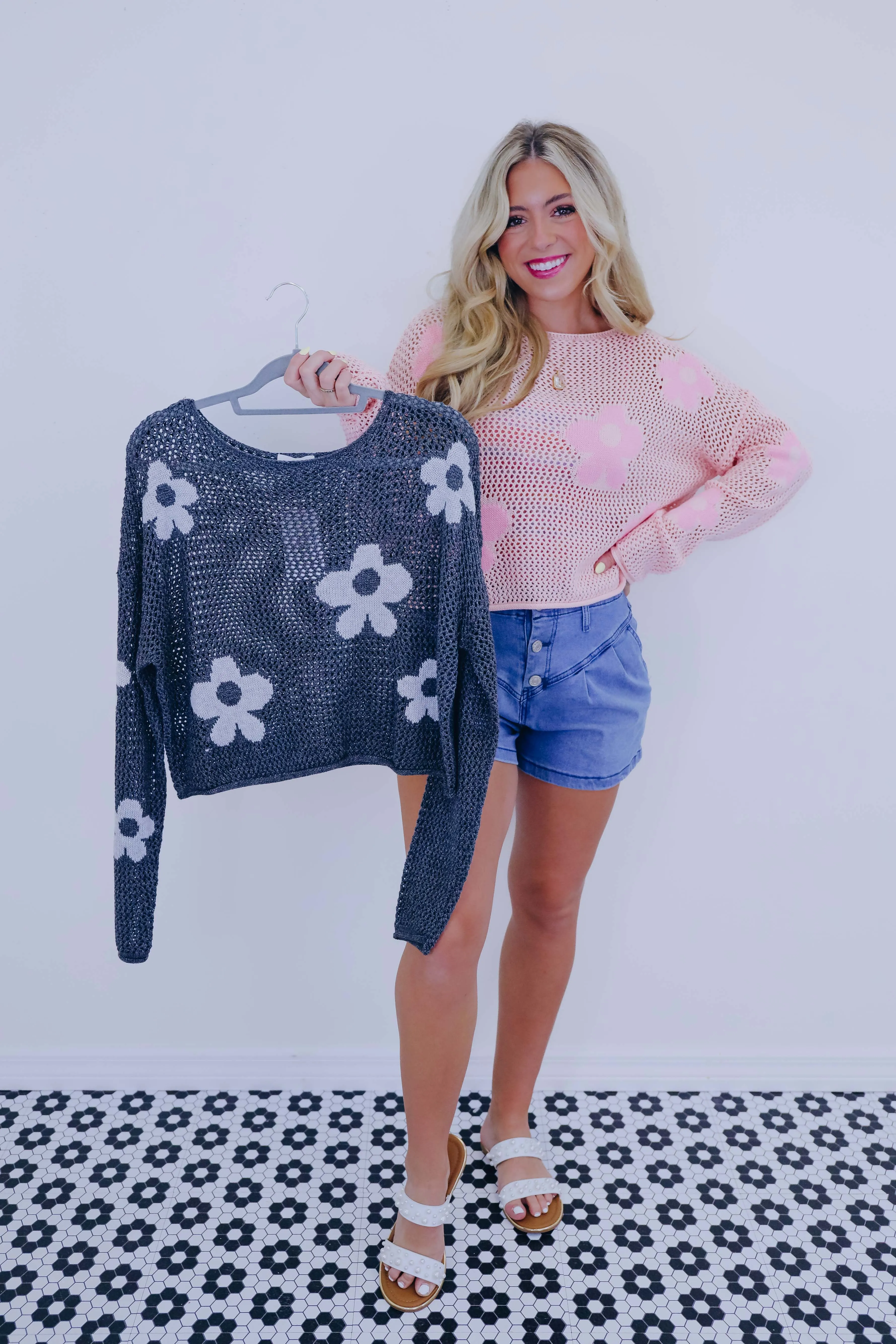 Boho Breezy Floral Crochet Knit Sweater - 2 Colors