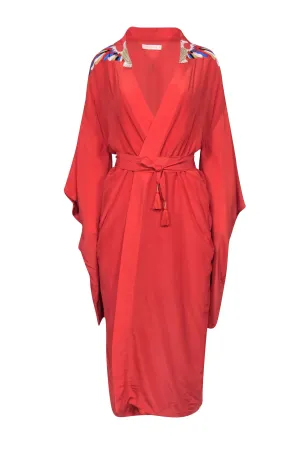 Carolina K - Coral Maxi Kimono w/ Bird Embroidery Sz S