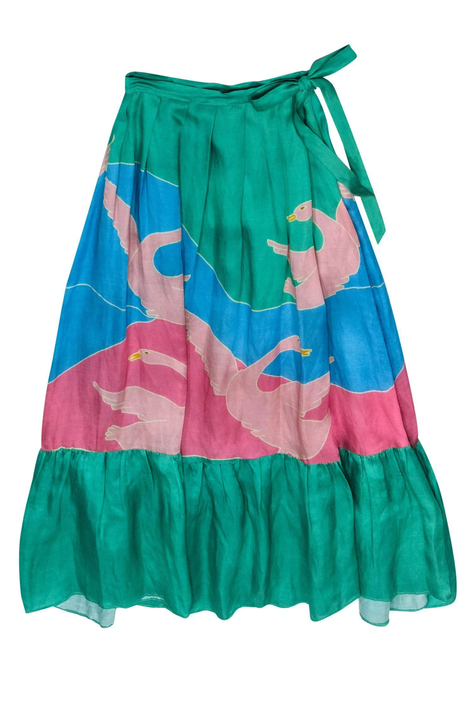Carolina K - Green, Pink & Blue "Bathing Birds" Maxi Skirt w/ Ruffle Hem Sz XS