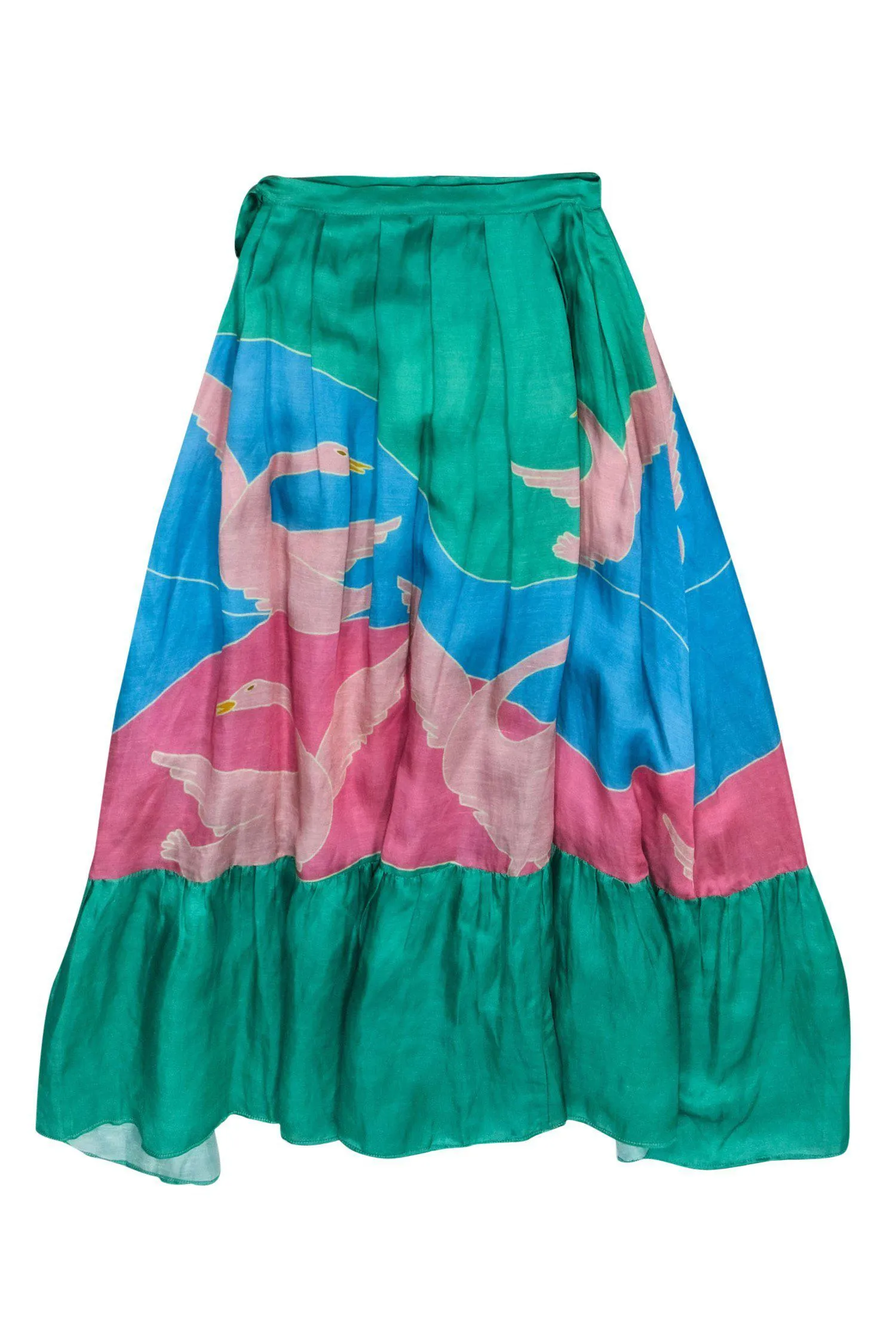 Carolina K - Green, Pink & Blue "Bathing Birds" Maxi Skirt w/ Ruffle Hem Sz XS