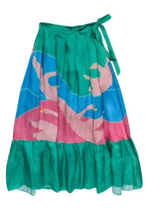 Carolina K - Green, Pink & Blue "Bathing Birds" Maxi Skirt w/ Ruffle Hem Sz XS
