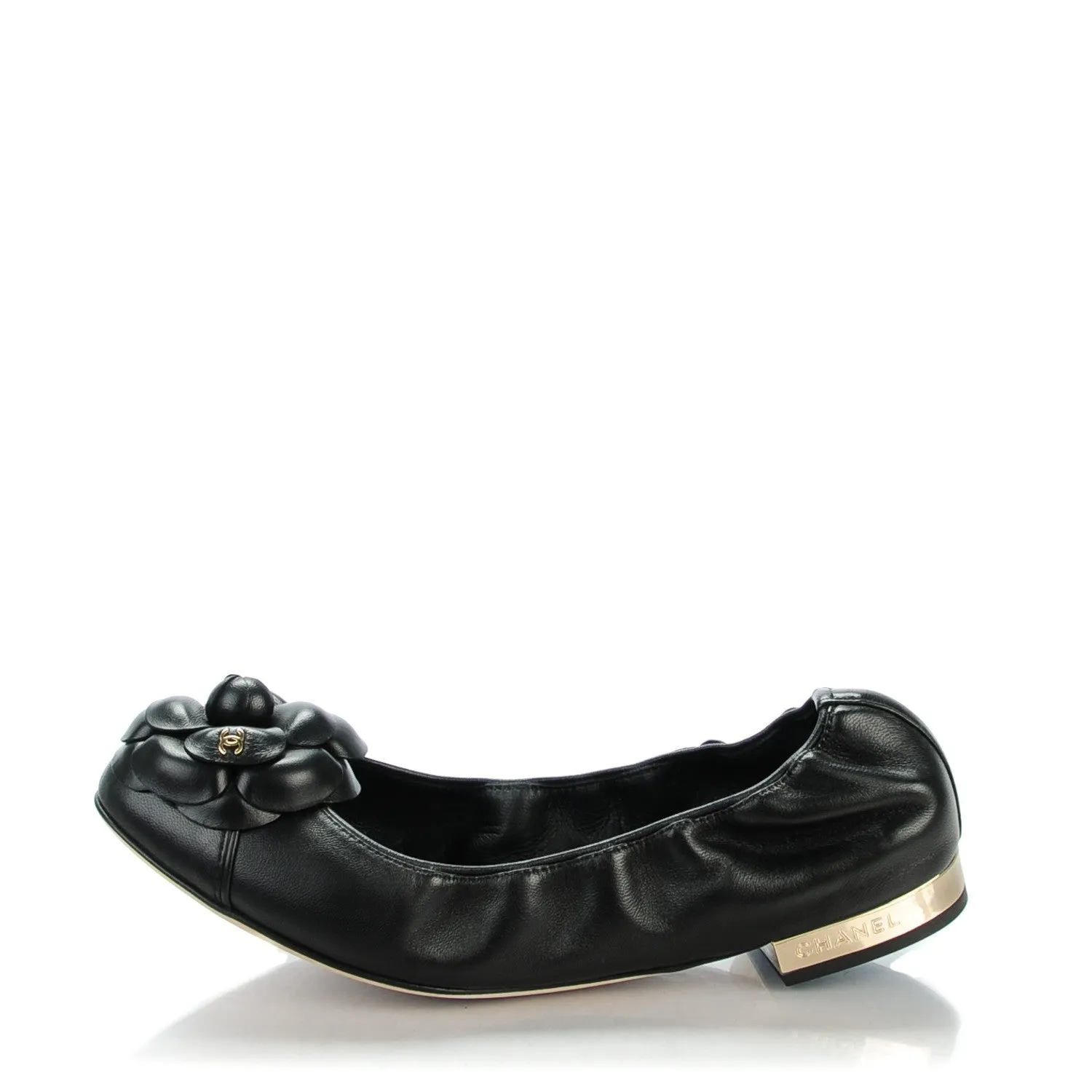 CHANEL LAMBSKIN CC CAMELLIA ELASTIC FLAT BALLERINA SHOES