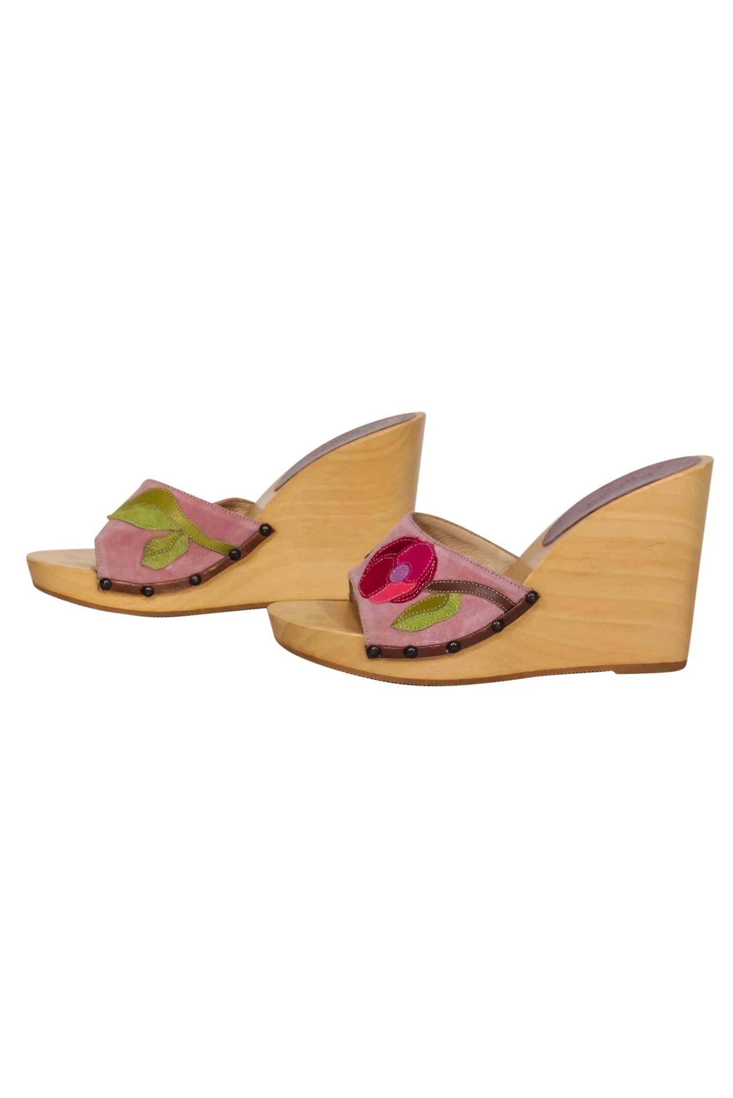 Coach - Purple, Pink & Green Floral Embroidered Wooden Platform Wedges Sz 7