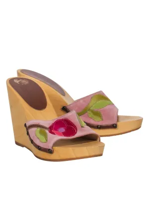 Coach - Purple, Pink & Green Floral Embroidered Wooden Platform Wedges Sz 7