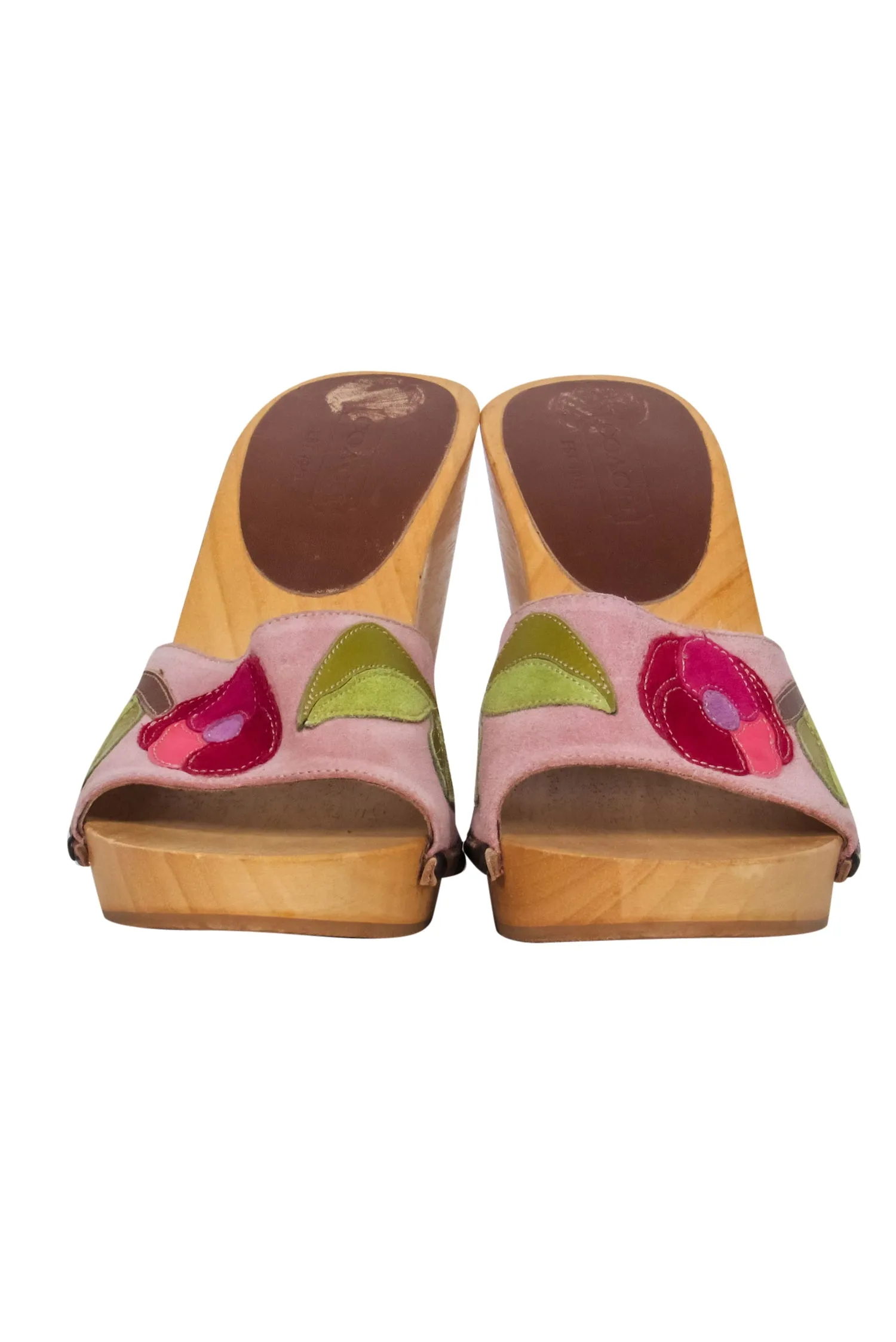 Coach - Purple, Pink & Green Floral Embroidered Wooden Platform Wedges Sz 7