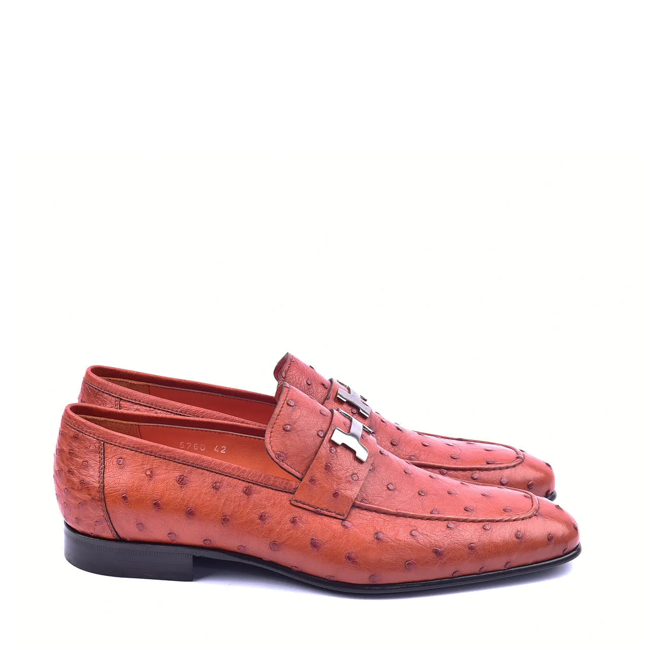 Corrente C02008 5760 Men's Shoes Rust Genuine Ostrich Silver H Buckle Loafers (CRT1374)