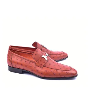 Corrente C02008 5760 Men's Shoes Rust Genuine Ostrich Silver H Buckle Loafers (CRT1374)