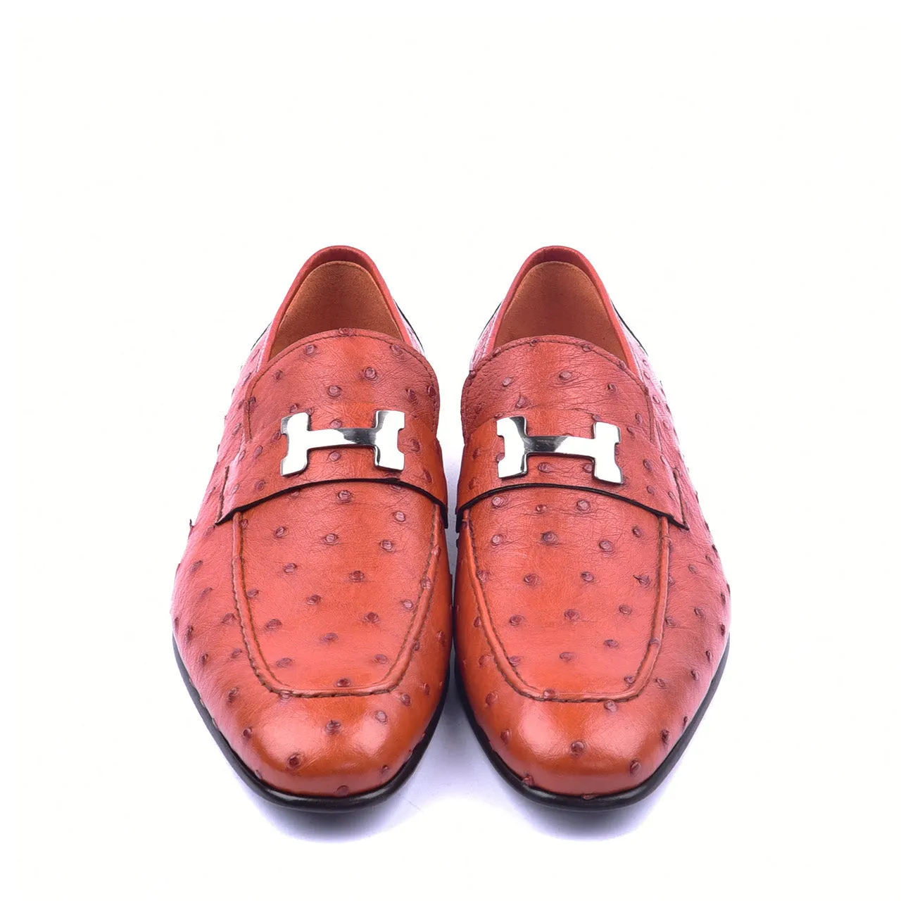 Corrente C02008 5760 Men's Shoes Rust Genuine Ostrich Silver H Buckle Loafers (CRT1374)