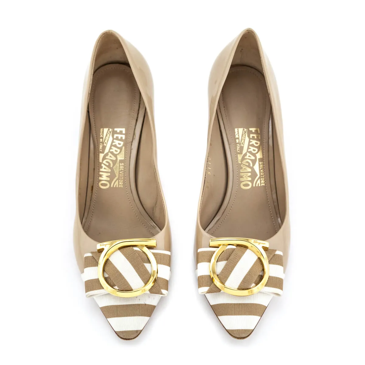 Ferragamo Beige Patent Striped Cap Toe Ezia Pumps Size US 7 | EU 37