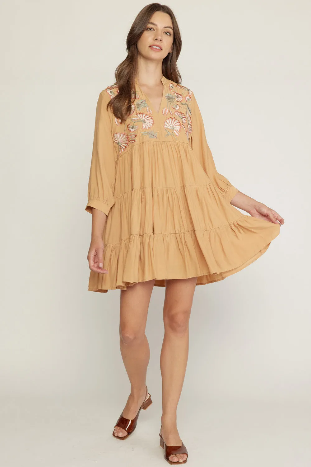 Floral Embroidered Tiered Dress, Butter Rum