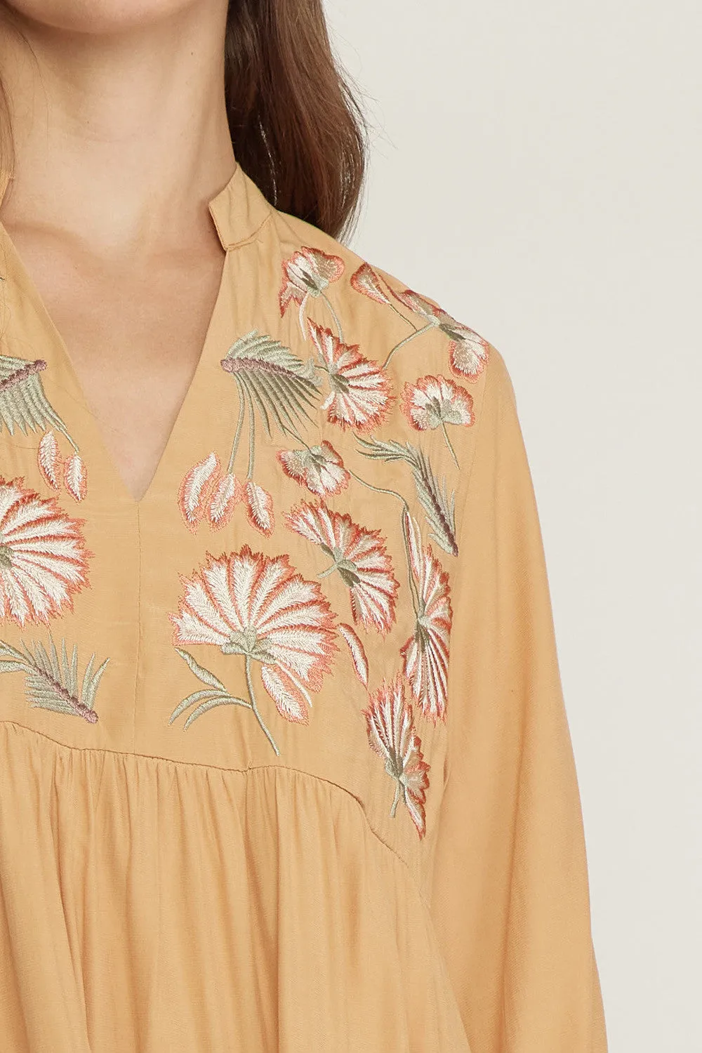 Floral Embroidered Tiered Dress, Butter Rum