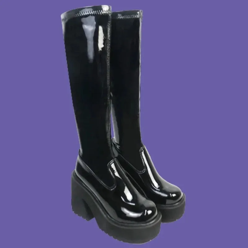 Goth Platform High Heels Zip Chunky Women's Boots Black Punk Thick Bottom Motorcycle Boots Cosplay Y2K Casual Shoes