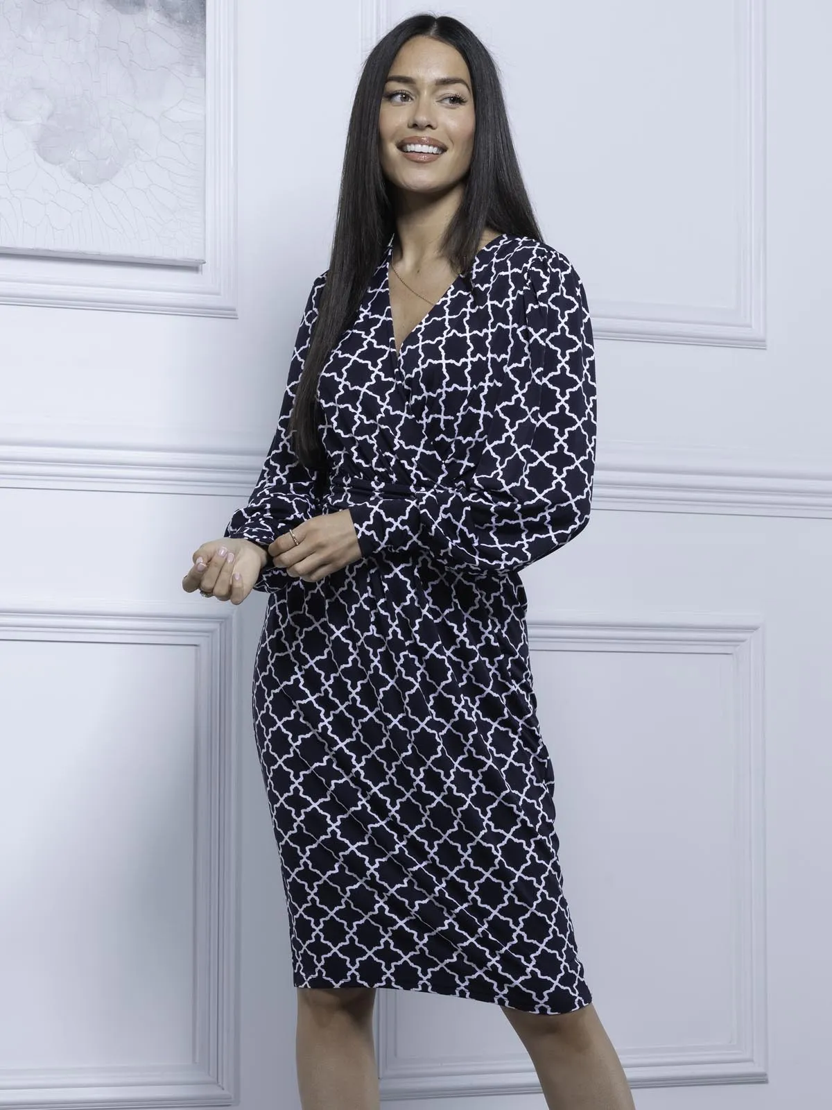 Jolie Moi Danielle Long Sleeve Dress, Navy Geo