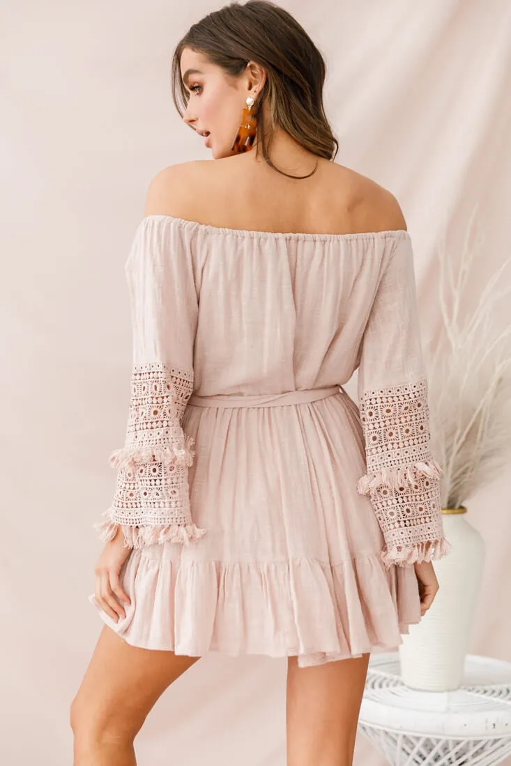 Mona Off-Shoulder Embellished Sleeve Dress Mocha