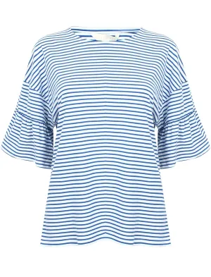 Piper Striped Cotton T-Shirt with Frill Sleeves In Olymp Blue - Amara Reya
