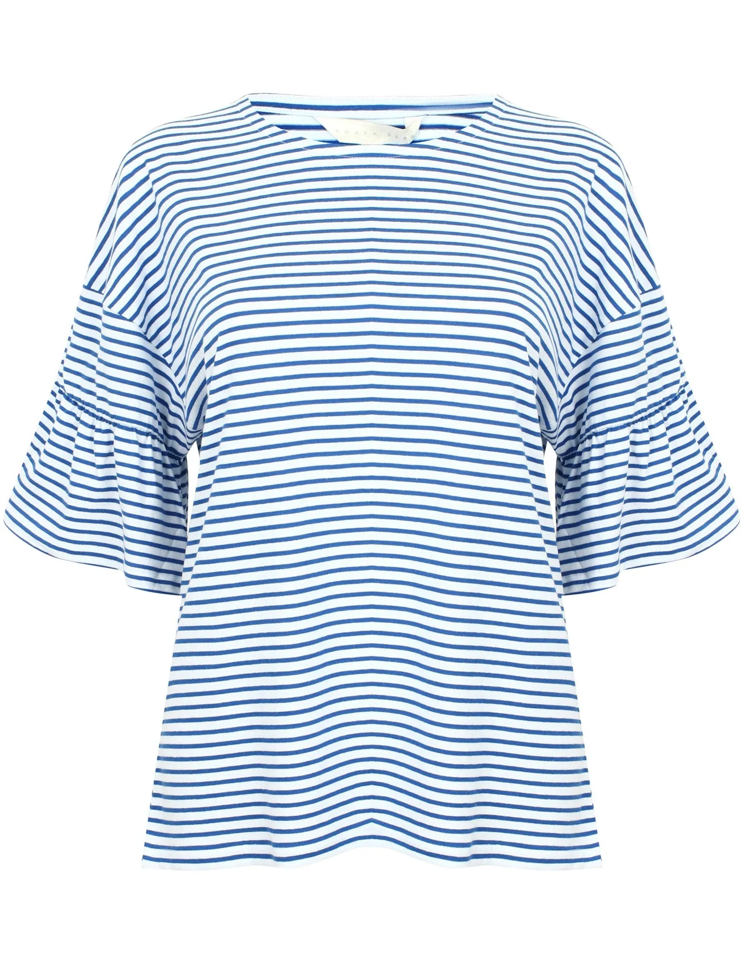 Piper Striped Cotton T-Shirt with Frill Sleeves In Olymp Blue - Amara Reya