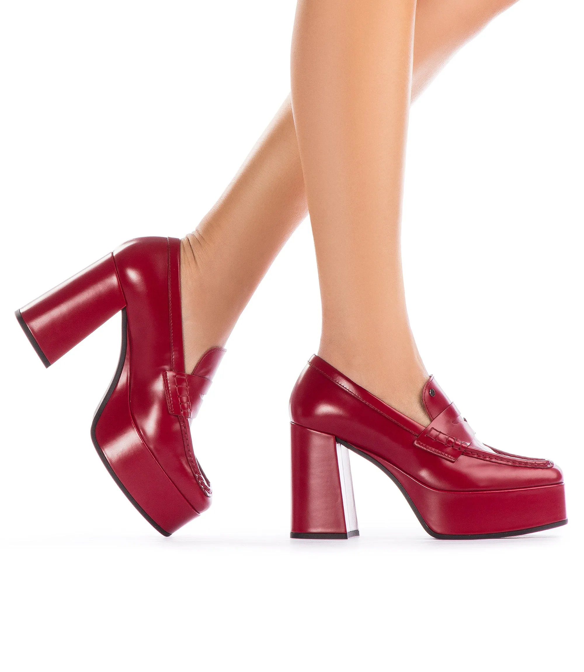 Red leather platform loafers