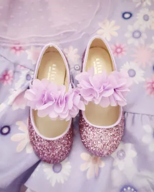 Rock Glitter Mary Jane Flats with Purple Chiffon Flowers