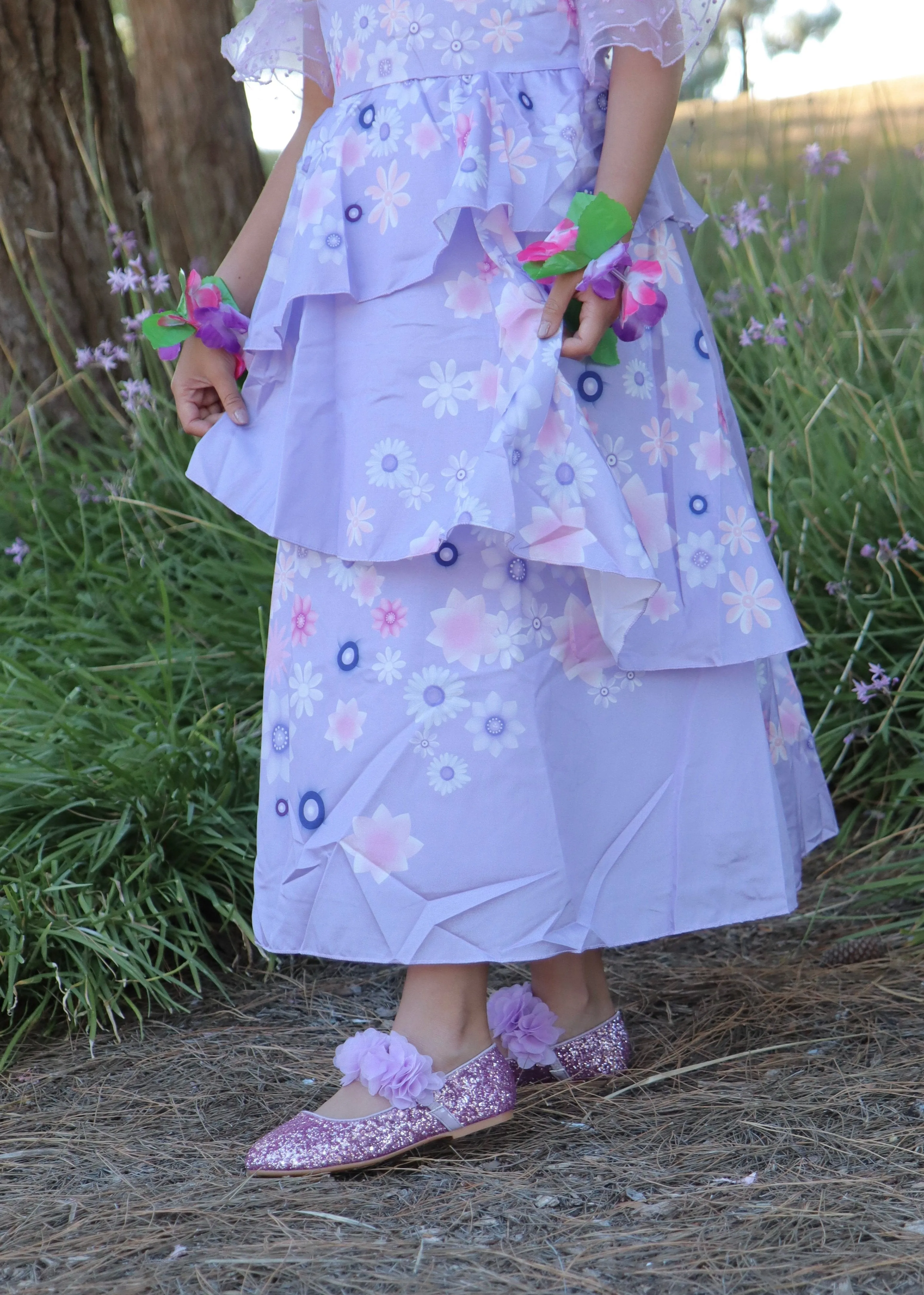 Rock Glitter Mary Jane Flats with Purple Chiffon Flowers