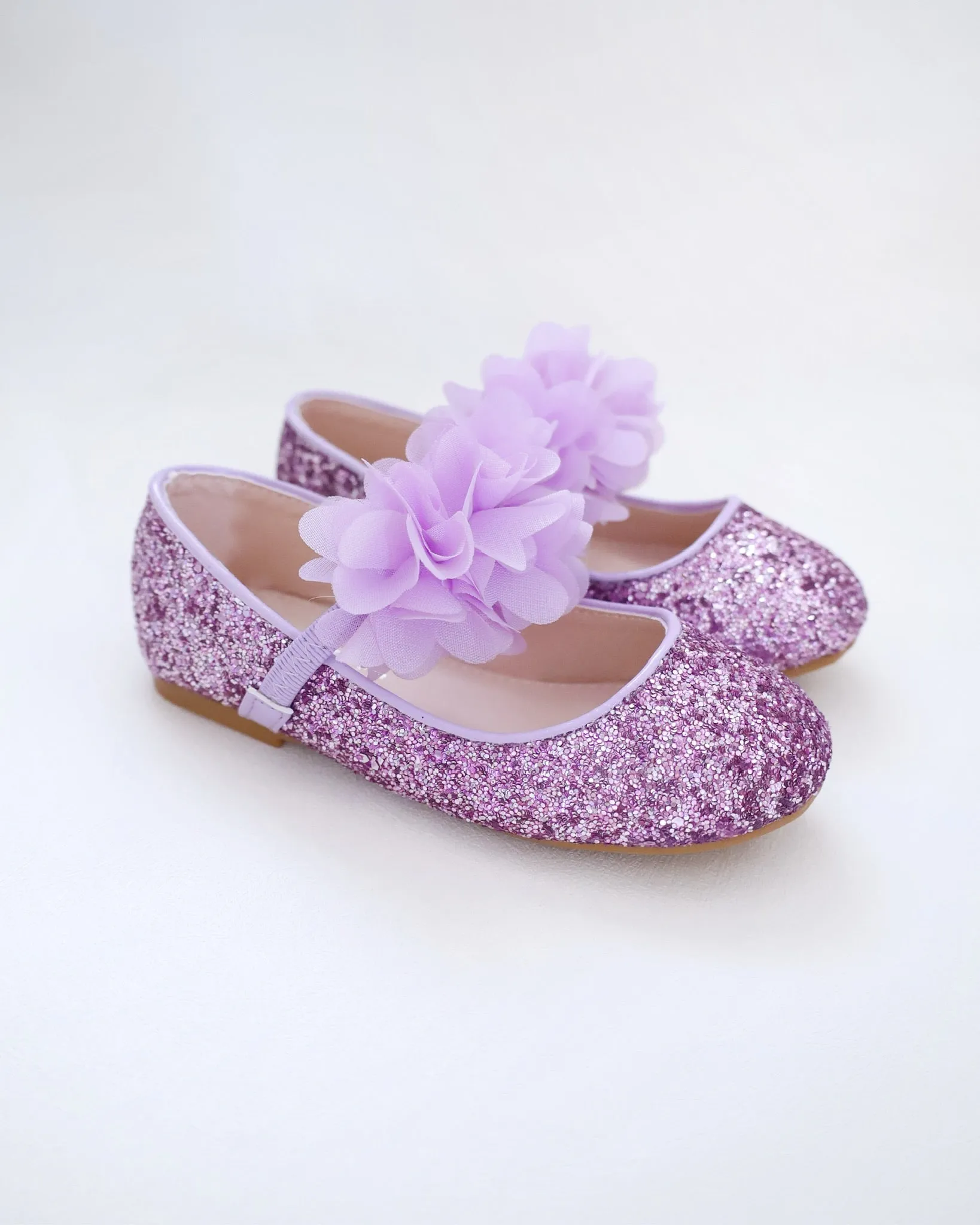 Rock Glitter Mary Jane Flats with Purple Chiffon Flowers