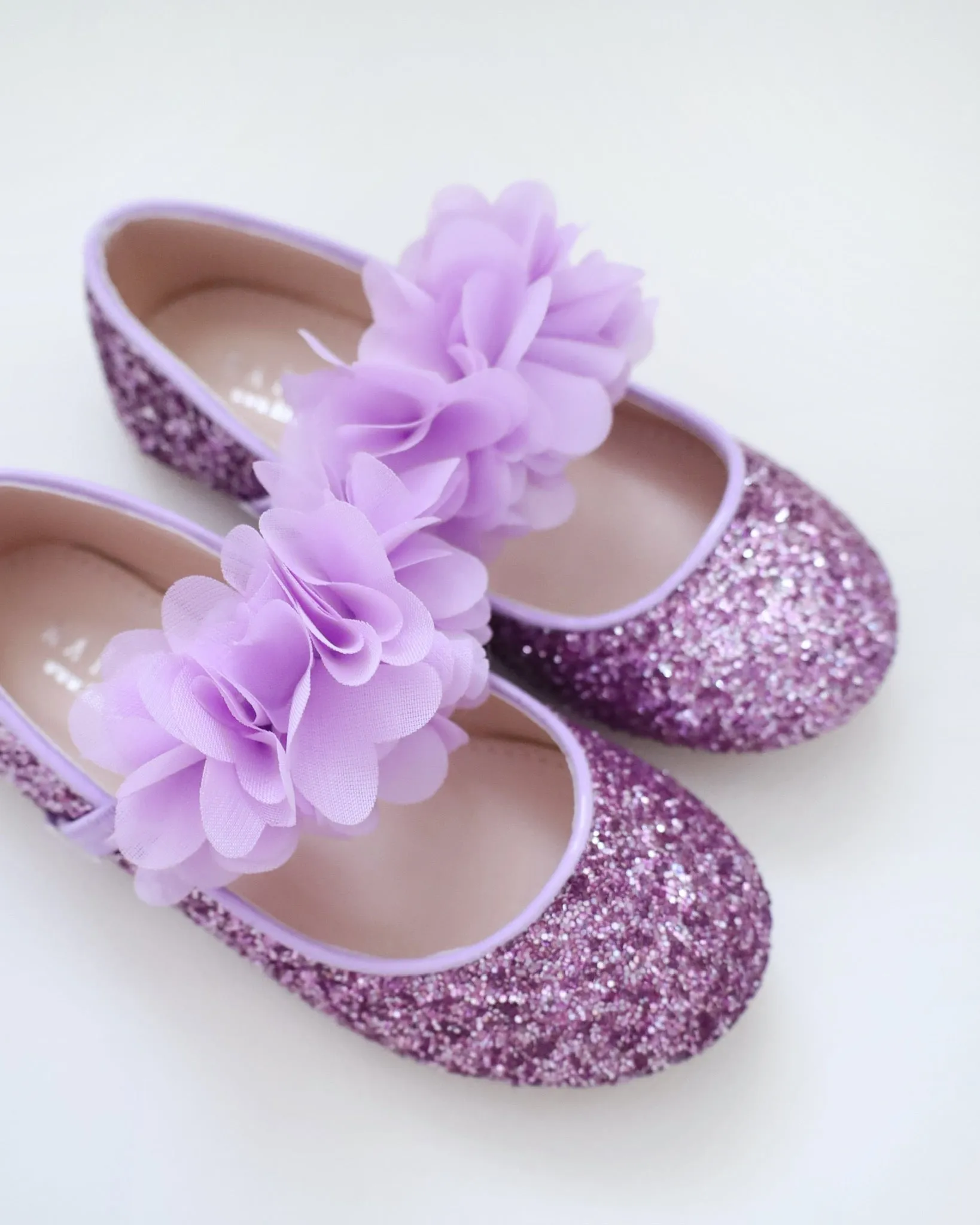 Rock Glitter Mary Jane Flats with Purple Chiffon Flowers