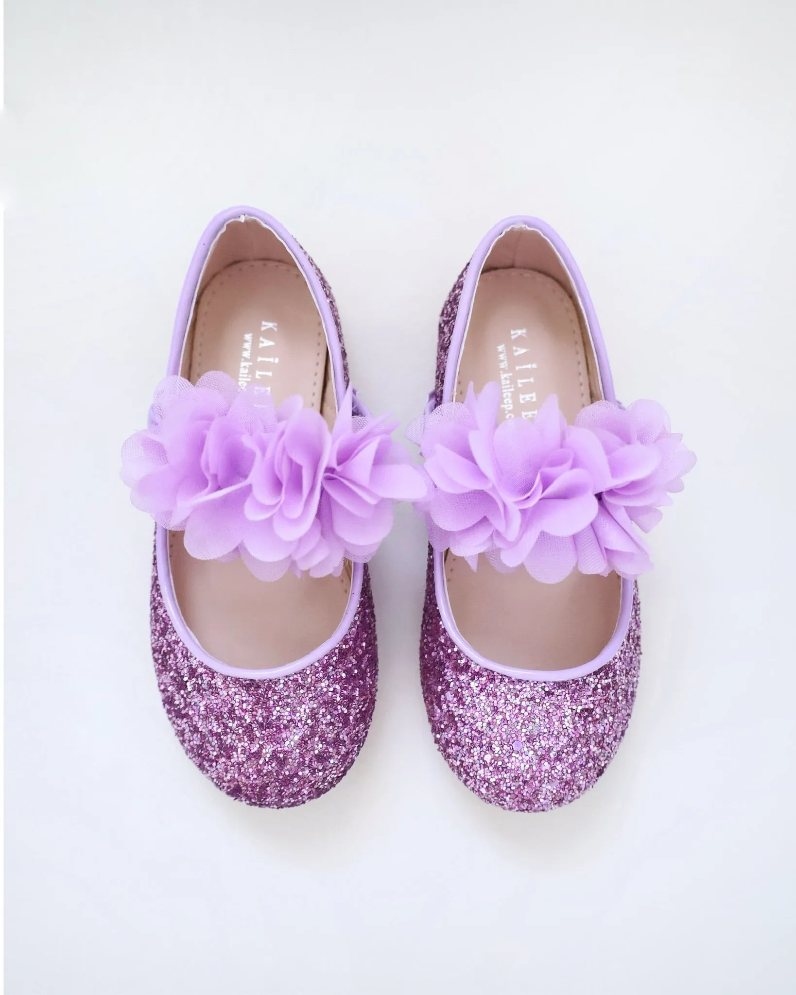 Rock Glitter Mary Jane Flats with Purple Chiffon Flowers