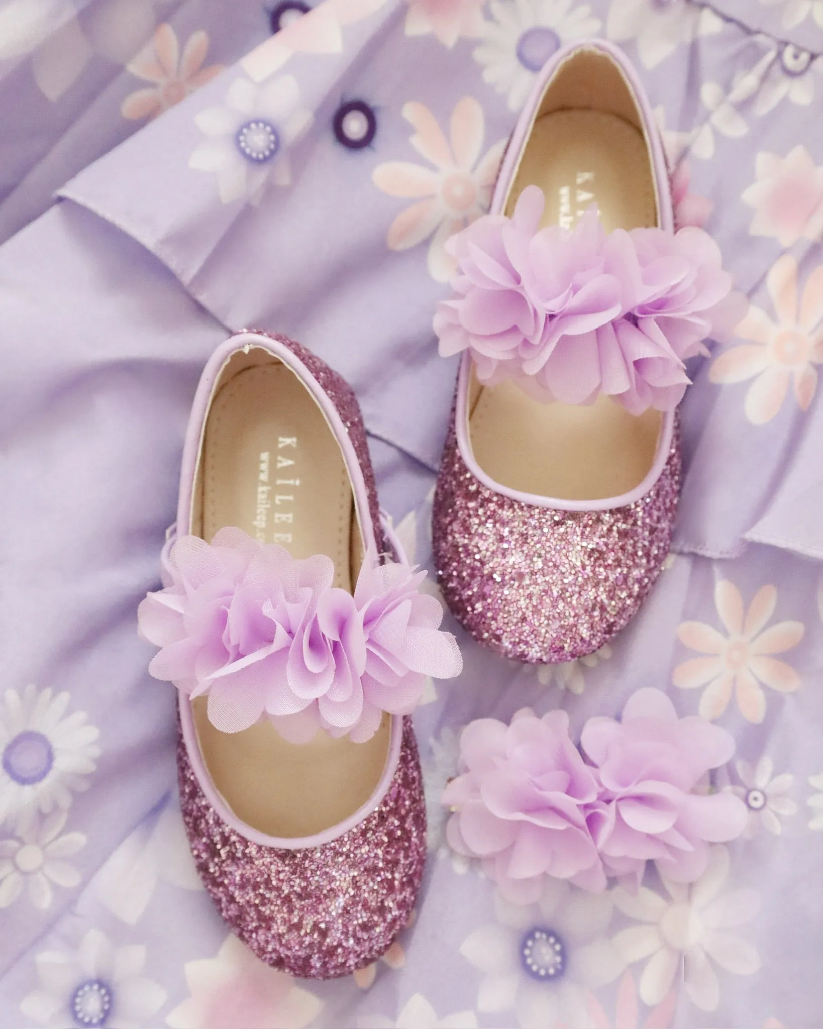 Rock Glitter Mary Jane Flats with Purple Chiffon Flowers