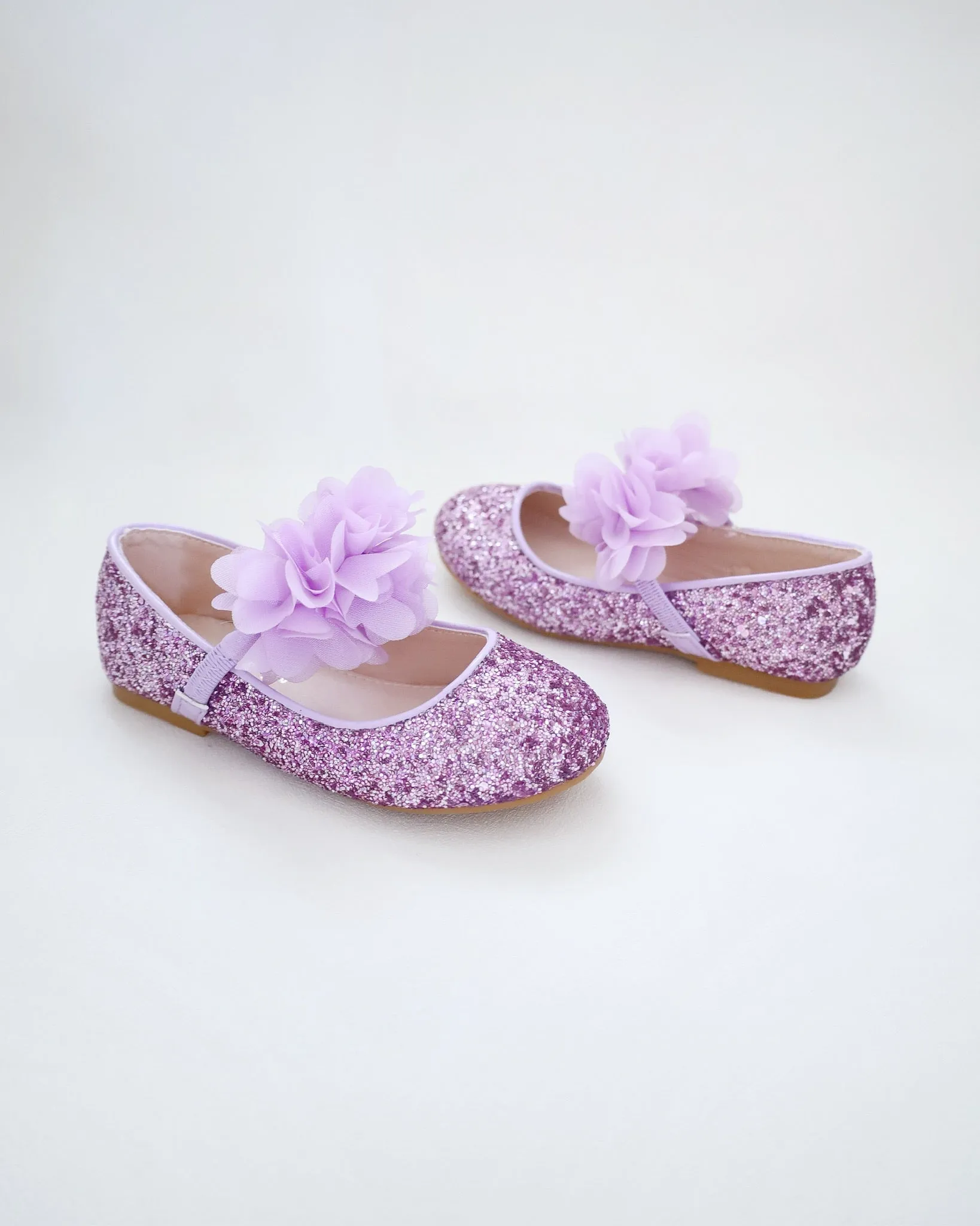 Rock Glitter Mary Jane Flats with Purple Chiffon Flowers