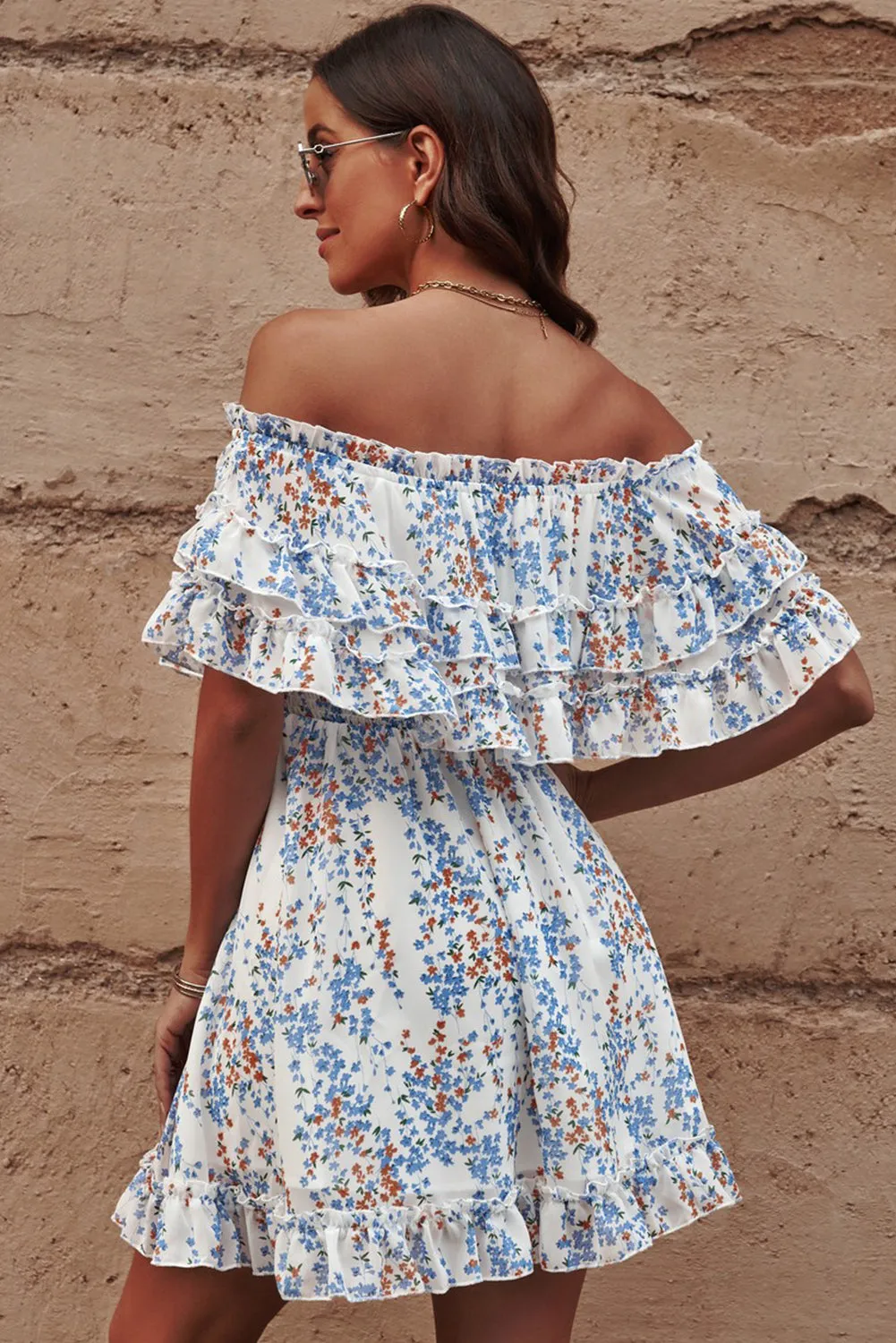 Samantha Boho Floral Off-Shoulder Ruffle Hem Dress