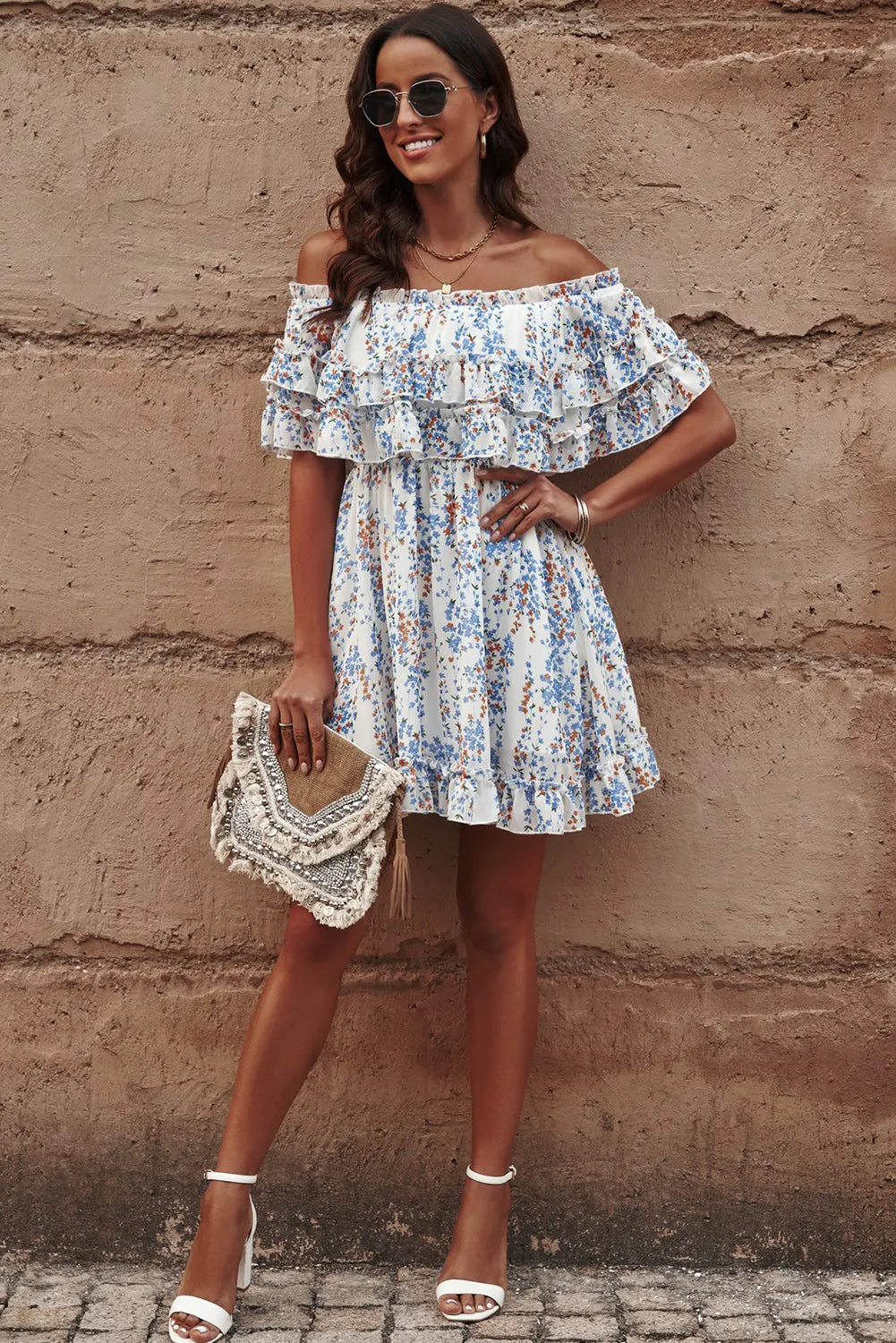 Samantha Boho Floral Off-Shoulder Ruffle Hem Dress