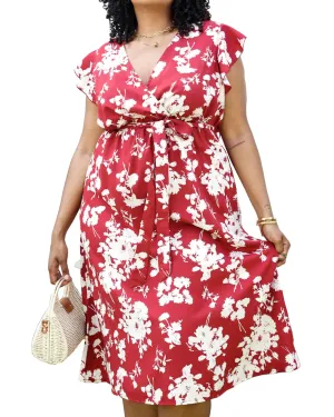 Tropical Floral Print Maxi Wrap Dress with Ruffle Sleeves | Red