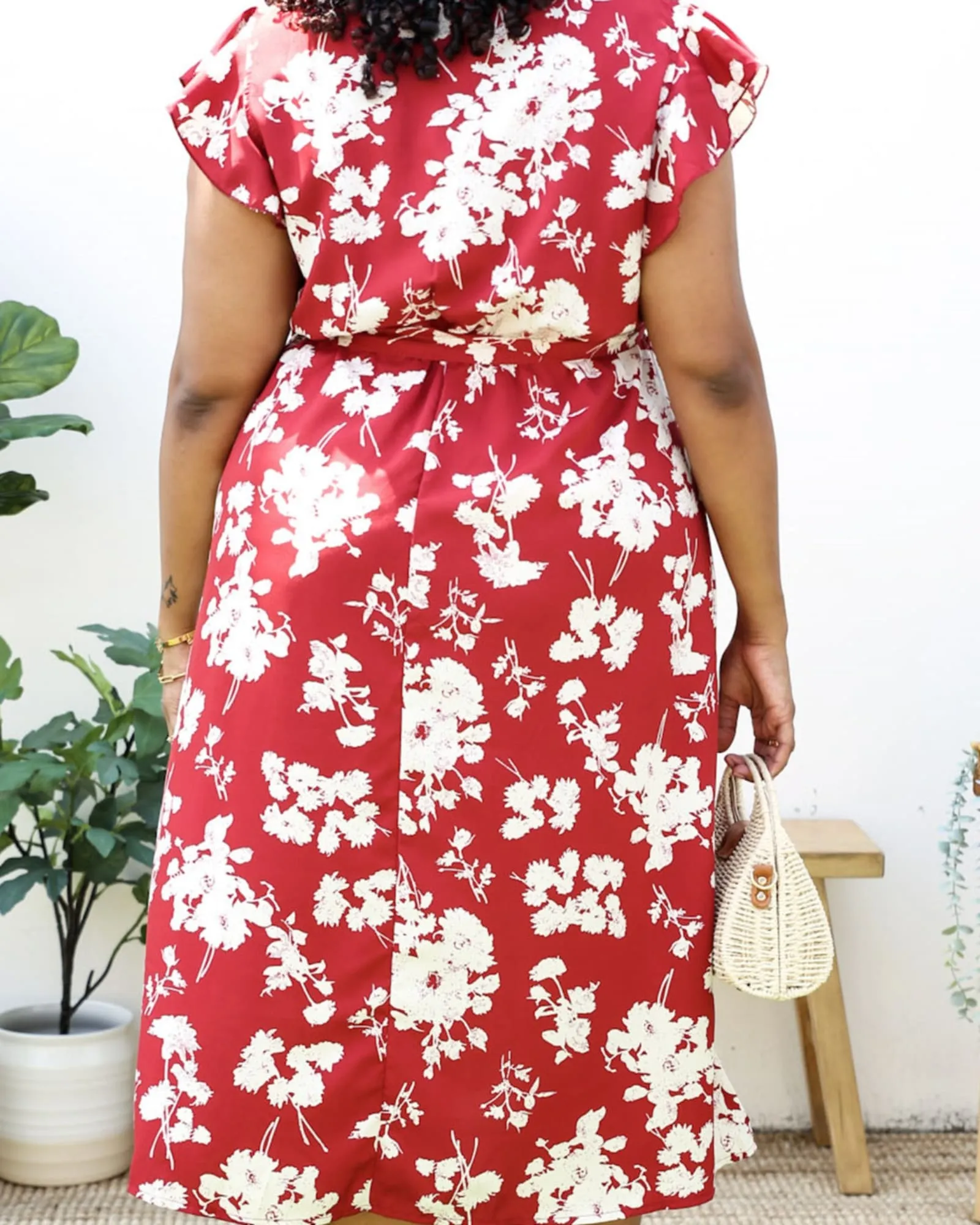 Tropical Floral Print Maxi Wrap Dress with Ruffle Sleeves | Red