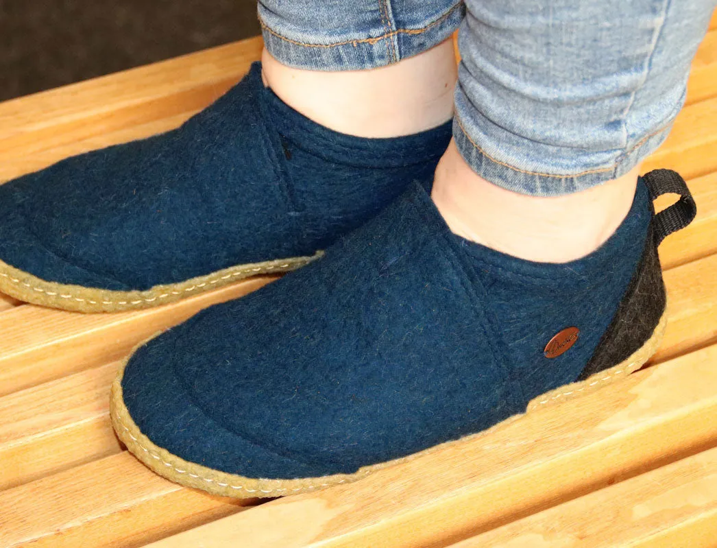 WoolFit® Office Slippers Taiga with Rubber Sole, blue